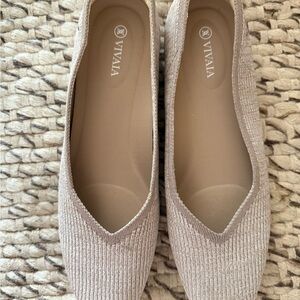 Cream Textured Knit Flats with Rounded Toe $70